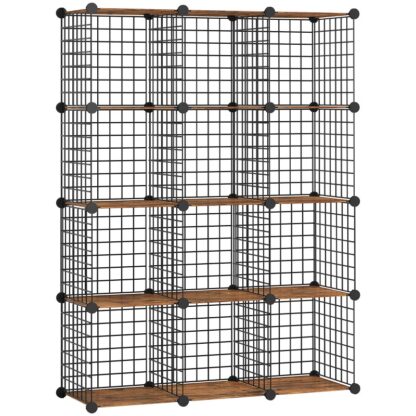 Rustic Brown and Black Cube Storage Organizer, Wire Cube Storage, 12-Cube Metal Grid Storage Shelf, Modular Cabinet, DIY Cube Bookshelf, for Living Room, Bedroom, Study