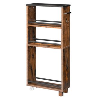 4-Tier Slim Späichere Ween, schmuel Kichen Späichere mat Rieder a Been, Slim Rolling Späichere Ween mat Grëff an Haken fir Buedzëmmer, Wäschkichen, rustikal brong a schwaarz