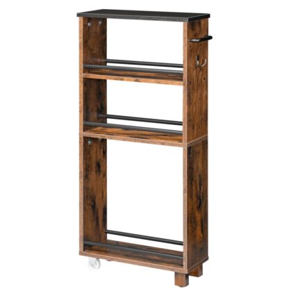 4-carrito de almacenamiento delgado de nivel, Cartro de almacenamiento de cocina estrecho con ruedas y piernas, carro de almacenamiento de rodadura delgada con manija y ganchos para el baño, cuarto de lavado, marrón rústico y negro