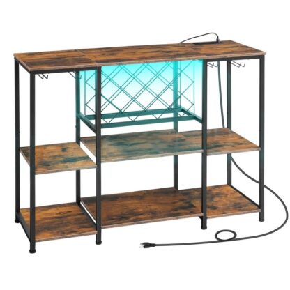 wine bar cabinet with led light and power outlets, wine rack table for drinks and glasses, coffee bar cabinet with wine rack, for kitchen, dining room, rustic brown and black