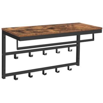 wandmontiertes Katellack mit 10 Haken und Regal, Schienen, geeignet für Flur, Wohnzimmer, Schlafzimmer, Badezimmer, industrielles Stil, braun
