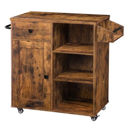 ilha de cozinha, armário de armazenamento com gaveta, Carrinho de cozinha com especiarias e toalhas, Salvando espaço, montagem fácil, para sala de estar, marrom rústico