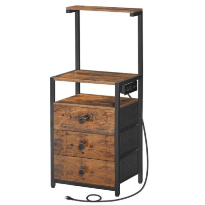 Natbord med ladestation, Slutbord med 3 Skuffer og opbevaringshylder, Sidebord med USB-porte og udtag, Sengbord til soveværelse, Rustik brun og sort