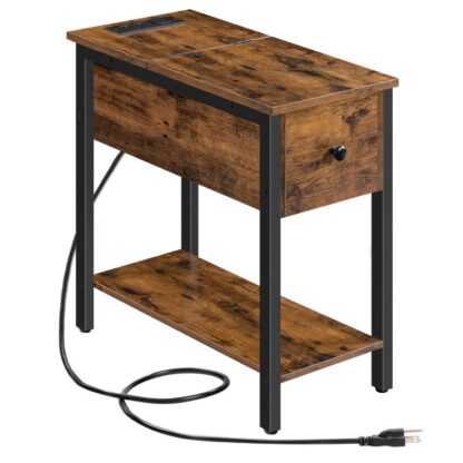 schmuel Säit Dësch, Flip End Dësch mat Opluedstatioun a Regaler, USB Ports & Power Outlets, Nuetsstand fir kleng Plazen, stabil a robust, Fir Wunnzëmmer, Schlofkummer, rustikal brong