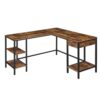 Bureau d'ordinateur, grand bureau de coin industriel, bureau de bureau à domicile en forme de L avec tiroir et 3 étagères, PC Workstation, prise 2 moniteurs, table de jeu, bureau spacieux, marron rustique