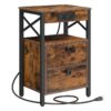 Nightstand with Charging Station, End Table with 2 Drawer, Sofa Side Table with USB Port, Multi-Level Storage Space, for Bedroom, Adjustable Feet, Stable, Rustic Brown and Black