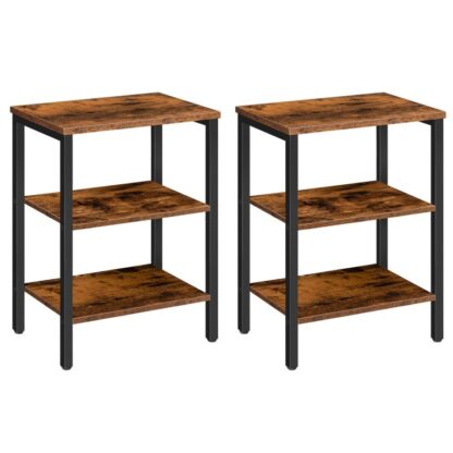 bijzettafel, set van 2 nachtkastjes met opslagplanken met 3 lagen, bijzettafel voor kleine spaties, woonkamer, entree, Boerderij industriële stijl, stabiel frame, Eenvoudige montage, rustiek bruin