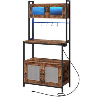 Rustik Brown og Black Bakers rack med opbevaringsskab, 5-Tier kaffebar med stikkontakt og LED -lys, Industriel mikrobølgeovn står med hylder, Køkkenopbevaringshylde