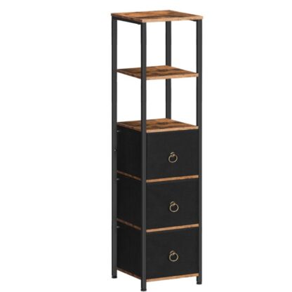 Eckschrank, 6-Tier -Eckschelfständer mit 3 Schubladen, Badezimmerbodenschrank, Schmaler Lagerschrank, für Badezimmer, Wohnzimmer, rustikalbraun und schwarz