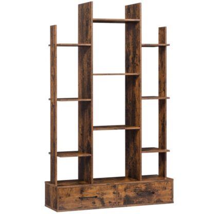Libreria, Libreria con 2 Cassetti, Libreria rustica in legno a forma di albero con 12 Scaffali di stoccaggio, Scaffale per libri autoportante per camera da letto, Ufficio a casa, Soggiorno,