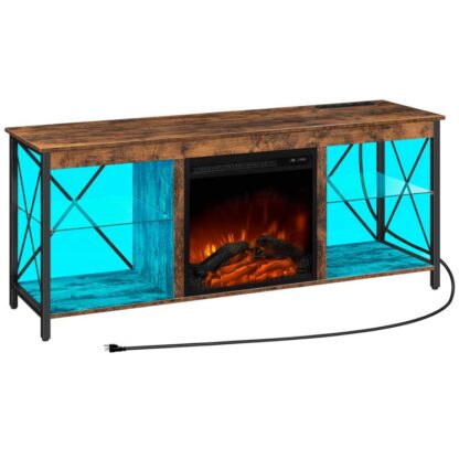 fireplace tv stand with led lights and power outlets, wooden media entertainment center console table with glass shelves, fireplace tv console for tvs up to 65", rustic brown