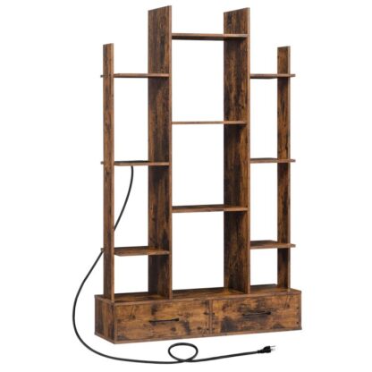 Bicherregal, Librairie mat Opluedstatioun an 2 Tiräng Späichere, Rustikal Bam geformt Holz Bicherregaler mat 12 Stockage Regaler, fir Schlofkummer, Home Office, Wunnzëmmer