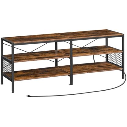 TV Stand with Power Outlets for TVs up to 65", 3-Açık Depolama Rafları ile Seviye TV Medya Konsolu Tablosu, Oturma Odası için Endüstriyel Medya Eğlence Merkezi, Yatak odası, Rustik Kahverengi