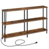 3-Table de console étroite de niveau avec station de charge, Table d'entrée avec 2 Prises de courant et 2 Ports USB, Table de couloir de canapé maigre, pour le salon, Brun rustique et noir