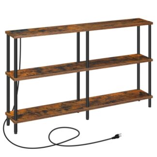 3-Tavola della console stretta di livello con stazione di ricarica, Tavolo da ingresso con 2 Prese di corrente e 2 Porte USB, Skinny Divano Tavolo del corridoio, per soggiorno, Marrone rustico e nero