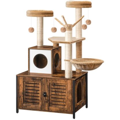 árbol para gatos con caja de arena, Postes rascados, muebles de recinto de caja de arena para gatos interiores, Casa de condominio de gato de madera todo en uno con hamaca para gatos, marrón rústico