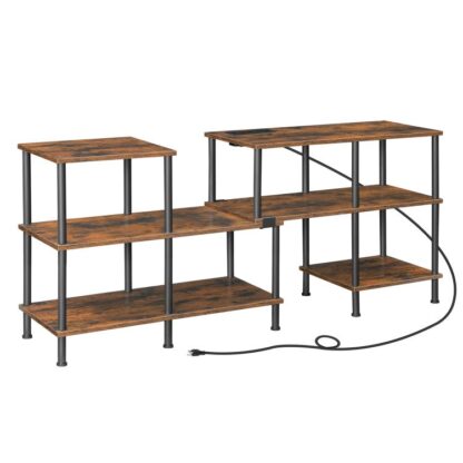 Güç çıkışları ile TV Stand 75 inç, Depolama rafları ile deforme olabilen TV standı, Oturma Odası için Modern Eğlence Merkezi Medya Konsolu Tablosu, yatak odası, Rustik kahverengi ve siyah