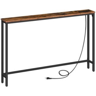 Tabella della console stretta con punti vendita e porte USB, Tavolo d'ingresso con stazione di ricarica, tavolino da divano magro, dietro il tavolino del divano, per l'ingresso, corridoio, foyer, marrone rustico