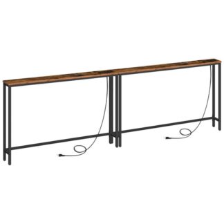 2 pack 5.9" طاولة أريكة وحدة التحكم الضيقة مع منافذ الطاقة, 47.2" طويل خلف طاولة الأريكة مع محطة الشحن, طاولة أريكة نحيفة لغرفة المعيشة, بهو, بني ريفي