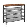 industrial shoe rack, 5-tier shoe storage organizer with 4 mesh shelves, 16-20 pairs of shoes, wood look accent furniture with metal frame, for entryway, living room, hallway