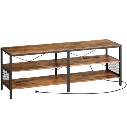 TV Stand avec des prises de courant pour les téléviseurs jusqu'à 75 ", 3-Table console TV à niveaux avec étagères de rangement ouvertes, Centre de divertissement multimédia industriel pour le salon, Chambre à coucher, Brun rustique