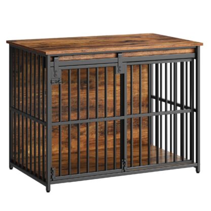 Rustic Brown and Black Dog Crate Furniture, Vintage Heavy Duty Dog Kennel with Sliding Barn Door, Wooden Dog Cage Indoor, Decorative Side End Table for Small/Medium Dogs