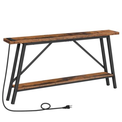 magere salontafel met stopcontact, consoletafel met laadstation, Entryway -tabel met verkooppunten en USB -poorten, smalle bijzettafel, weergavetabel, voor de ingang, hal, gang, Rustiek bruin en zwart