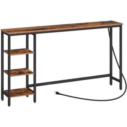 Tavolo consolle con presa di corrente, 63" Dietro il divano tavolo con ripiani, Scrivania lunga per computer con contenitore, Tavolino da divano per l'home office, Corridoio, Marrone rustico e nero