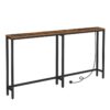 Table console mince avec station de recharge, 160 cm derrière la table du canapé, Table console longue et étroite, Table de canapé mince pour couloir, Entrée, Salon, Brun rustique et noir