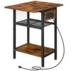 Endebord med ladestation, Sammenfoldelig sidebord med opbevaringshylder, 3-Tier Sofa Couch Bord med foldetop, til stuen, Soveværelse, Kontor, Rustik brun og sort