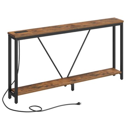 Rustik brun ekstra lang sofa -konsolbord med opladningsstation, 2-Niveau bag sofabordet med v-mur, til smal indgang, Gang, Stue