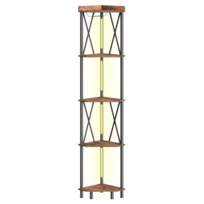 Corner Shelf with LED Light, 5-Tier Corner Storage Rack, Tall Standing Display Shelf, Storage Shelf with Wine Glass Holder, Corner Bookcase for Wall Corner, Rustic Brown