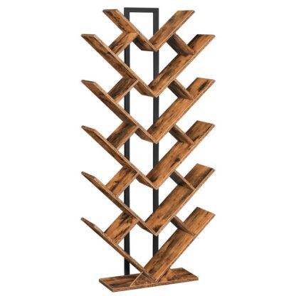 Libreria ad albero alta, Scaffale per libri, Libreria ad albero, Libreria in piedi con ripiano per albero da pavimento, Mensola espositiva per soggiorno, Ufficio a casa, Libreria industriale, Marrone rustico e nero