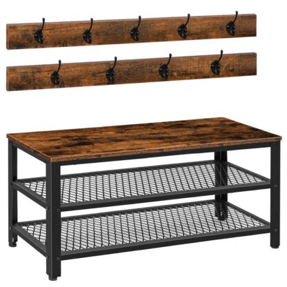 knaggrekke skobenk, 39.4" Hall Tree Entryway Storage Bench, Shoe Rack -arrangør med frakkkroker, 3-in-1 design, Tremøbler med metallramme, rustikk brun og svart