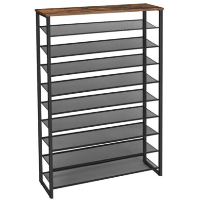 10-Tier cipőtartó, Nagy kapacitású cipőtároló szervező, Tart 36-45 Pár cipő, Fém keret, Industrial, az Entryway számára, Előszoba, SzekrénIpariiumi szoba, Industrial, Rusztikus barna