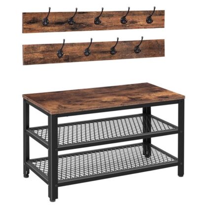 naulakko kenkäpenkki, Hall Tree Entringway Storage Bench, kenkäteline järjestäjä takkikoukut, 3-In-1-suunnittelu, Puukalusteet metallikehyksellä, maalaismainen ruskea ja musta
