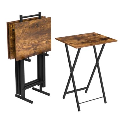 set 4 TV Tepsileri, Depolama standı ile katlanır TV masaları, Taşınabilir Kanepe Tablosu, Oturma odası yatak odasında yemek veya çalışmak için küçük alan için endüstriyel dizüstü bilgisayar masası, rustik kahverengi