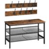 Coat Rack Shoe Bench, Hall Tree, 3-Tier Shoe Rack with Adjustable Mesh Shelves, Entryway Storage Bench with Coat Hooks, 3-in-1 Design, Entryway, Living Room, Rustic Brown and Black