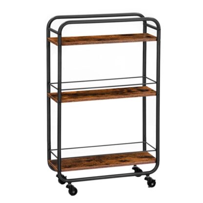 slim storage cart, 3 tier rolling cart with grids and wheels, narrow kitchen cart with lockable casters, easy assembly, for kitchen, bathroom rustic brown