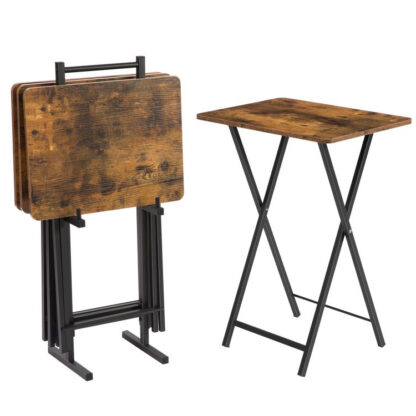 Bandejas de TV, Conjunto de 4 Mesas de TV com rack de armazenamento, Mesa de lanche industrial para comer no sofá, Mesa com bandeja dobrável para espaços pequenos, Fácil armazenamento e montagem, Marrom Rústico