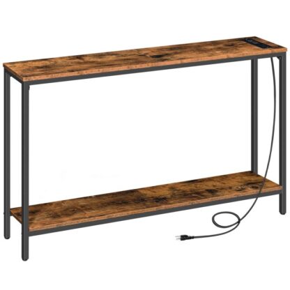Úzký stůl konzoly s nabíjecí stanicí, 47.2" Vstupní tabulka pohovky 2 AC prodejny & 2 USB porty, Průmyslový styl zemědělského stylu přízvuk na chodbě pro obývací pokoj, rustikální hnědá