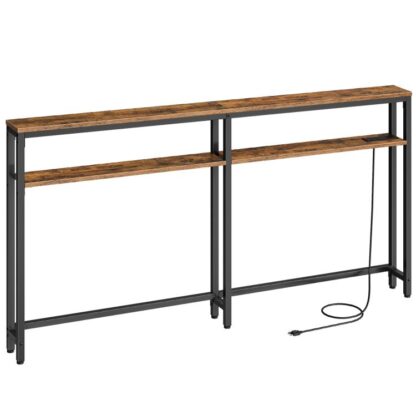 Úzký stůl s pohovkou s vývodem, 78.7" Za Pohovkový Stolek, Skinny Hallway Table, Police nastavitelná, Vstupní stůl s nabíjecí stanicí, Rustikální hnědá a černá