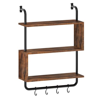 Rustiekbruine muur gemonteerde zwevende keukenplank met 4 Verwijderbare haken, Stevig frame, 3-Laagopslag met handdoekbalk, 80 kg capaciteit per plank, voor Keuken, Badkamer, Thuiskantoor