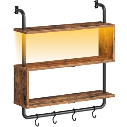 Rustiek bruin en zwart zwevende muurplanken met LED -lichten, Zwevende plankwand gemonteerd voor opslag, S -vormige display -standaard met 4 Haken, voor de woonkamer, Slaapkamer, Badkamer, Keuken