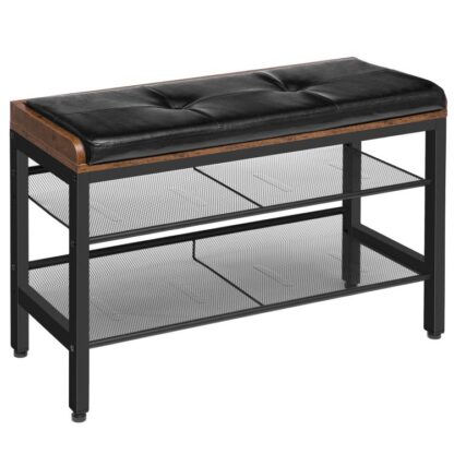 Binse bróg tionsclaíoch, le suíochán cushioned inbhainte, Binse stórála padded le 2 Seilfeanna Mogall Adjustable, Raca Bróg, Leathar bréige dubh, Compeoirí, Halla, Seomra Maireachtála