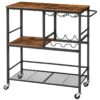 Carrello bar industriale per la casa, Carrello rustico marrone e nero a 3 livelli con ruote, Carrello da cucina rotolante con porta d'investione e supporto di vetro per soggiorno, Festa, Sbarra
