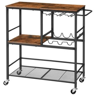 Carrinho de bar industrial para casa, Carrinho de servir marrom e preto de três camadas rústico com rodas, Carrinho de cozinha rolante com prateleira de vinho e suporte de vidro para sala de estar, Festa, Bar