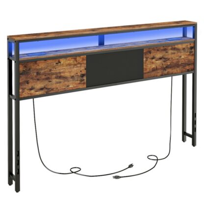 Volledig hoofdeinde, LED-hoofdbord met 2 Opbergplanken, Opbergrek met 2 Verkooppunten en 4 USB-poorten, Verstelbare hoogte, Stevig en stabiel, Eenvoudige montage, Rustiek bruin en