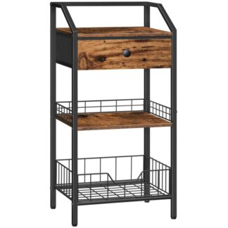 3-Scaffale della scala da bagno di livello, Scaffale a scala autoportante con cassetto, Libreria con ripiano recintato e ripiano in rete, Salvaspazio, per il bagno, Cucina, Soggiorno, Marrone rustico e nero