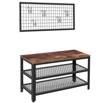 banco de sapato, Rack de calçados industriais, 3-prateleira de sapatos de camada com assento, Rack de casaco separado com 5 ganchos removíveis, estrutura de metal estável para entrada, sala de estar, corredor, montagem fácil